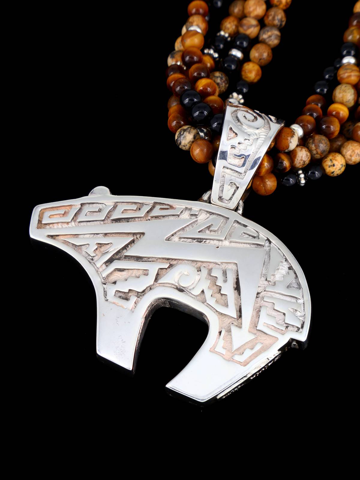 Navajo Onyx and Jasper Inlay Reversible Bear Pendant Beaded Necklace - PuebloDirect.com