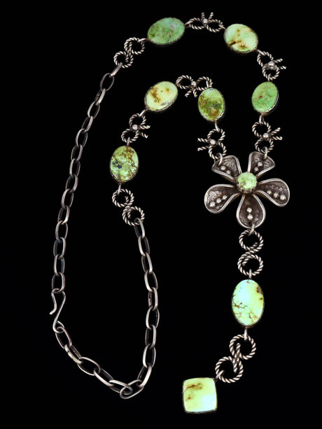 Native American Sterling Silver Palomino Variscite Lariat Flower Necklace - PuebloDirect.com