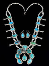 Native American Sterling Silver Royston Turquoise Squash Blossom Necklace Set - PuebloDirect.com