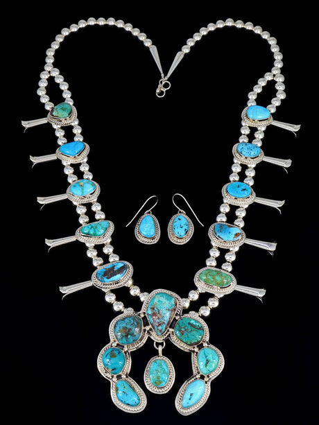 Native American Sterling Silver Royston Turquoise Squash Blossom Necklace Set - PuebloDirect.com