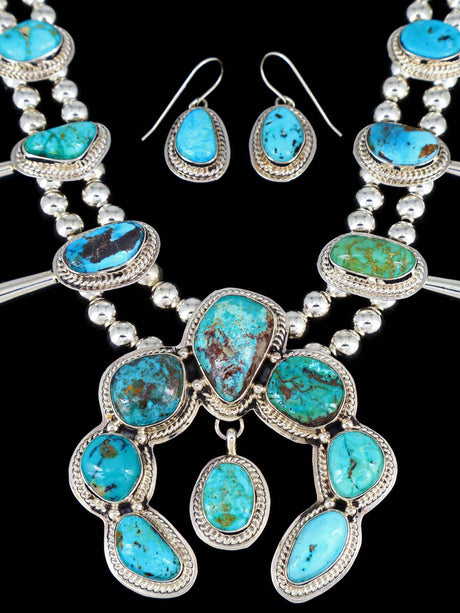Native American Sterling Silver Royston Turquoise Squash Blossom Necklace Set - PuebloDirect.com