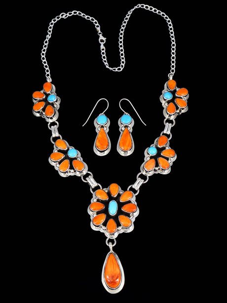 Native American Sterling Silver Spiny Oyster Lariat Necklace Set - PuebloDirect.com