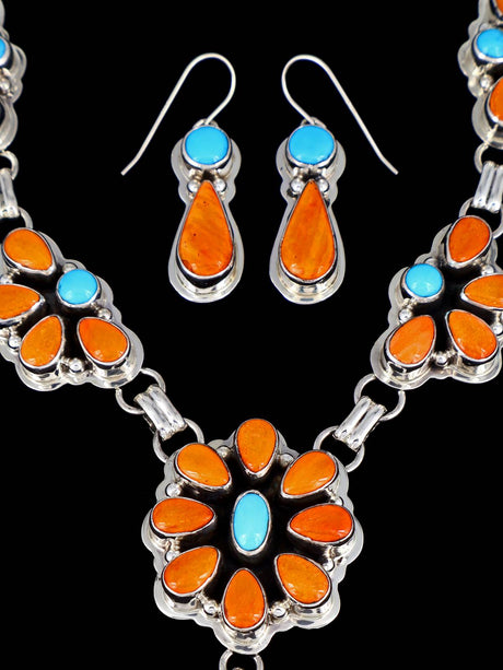 Native American Sterling Silver Spiny Oyster Lariat Necklace Set - PuebloDirect.com