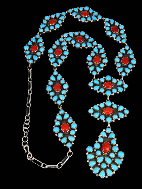 Navajo Sterling Silver Sleeping Beauty Turquoise and Coral Lariat Necklace - PuebloDirect.com