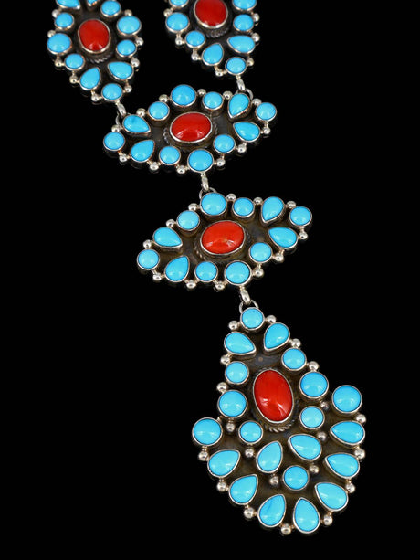 Navajo Sterling Silver Sleeping Beauty Turquoise and Coral Lariat Necklace - PuebloDirect.com
