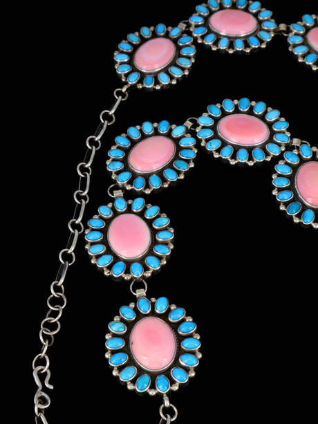 Navajo Jewelry Pink Conch and Turquoise Sterling Silver Lariat Necklace