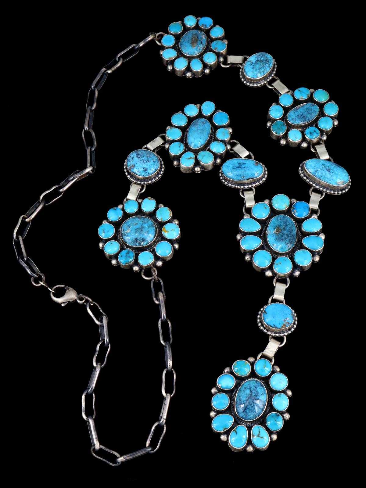 Native American Sterling Silver Kingman Turquoise Lariat Cluster Necklace - PuebloDirect.com