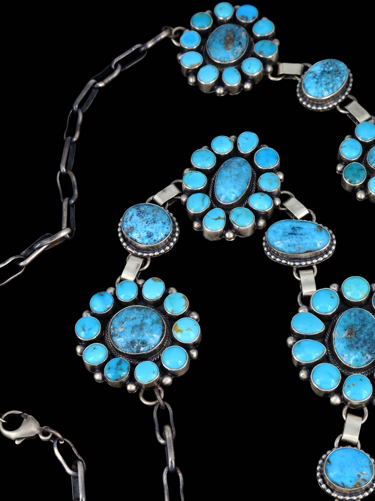 Native American Sterling Silver Kingman Turquoise Lariat Cluster Necklace - PuebloDirect.com