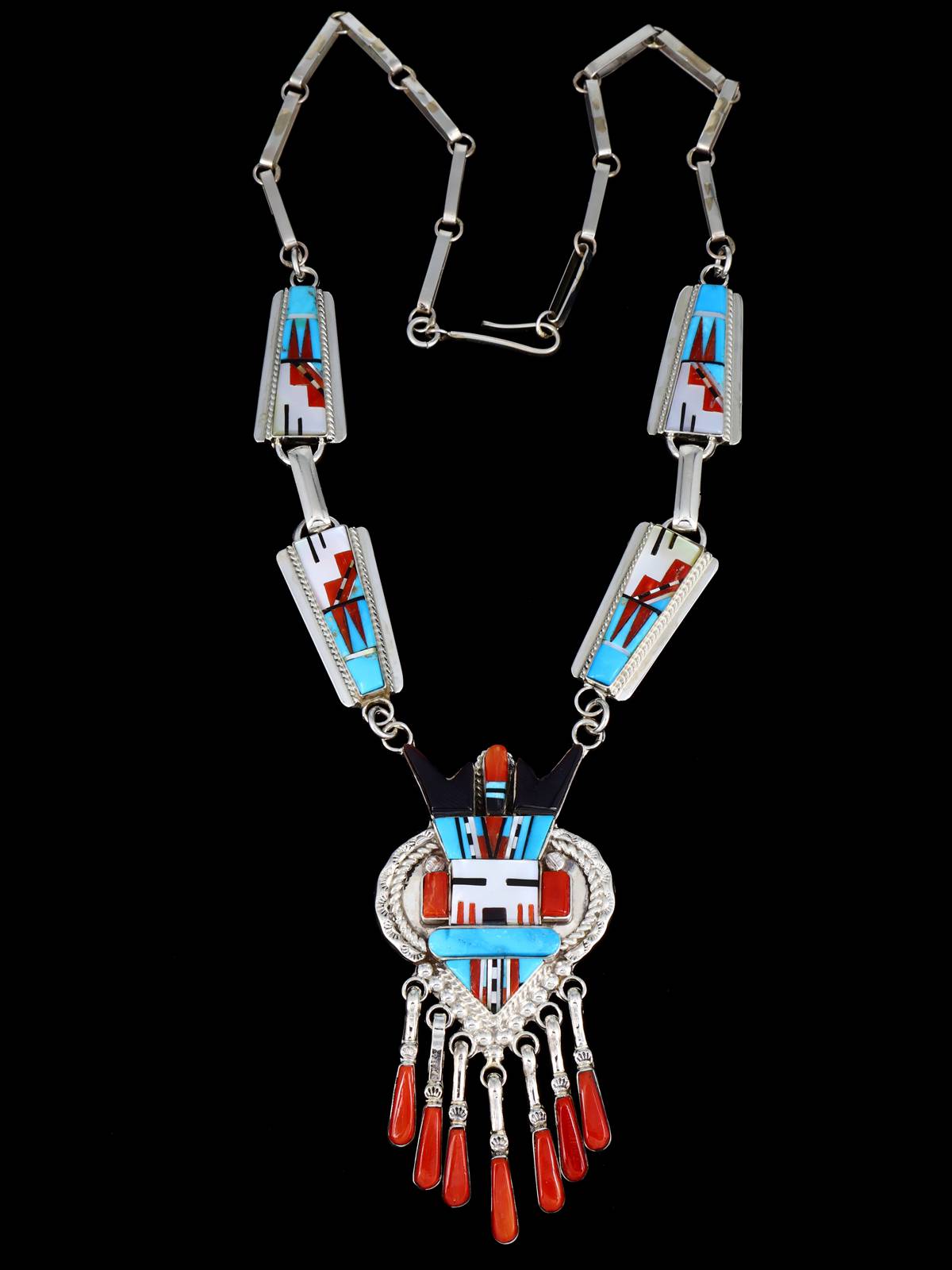 Turquoise and Coral Sterling Silver Zuni Inlay Kachina Necklace - PuebloDirect.com