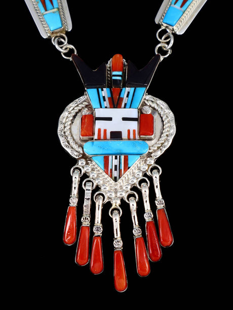 Turquoise and Coral Sterling Silver Zuni Inlay Kachina Necklace - PuebloDirect.com