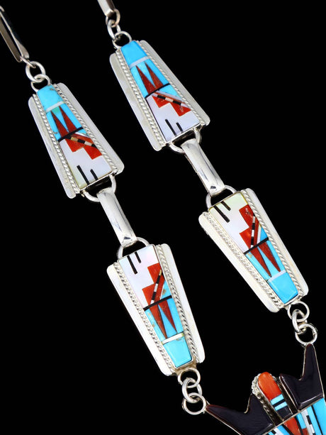 Turquoise and Coral Sterling Silver Zuni Inlay Kachina Necklace - PuebloDirect.com