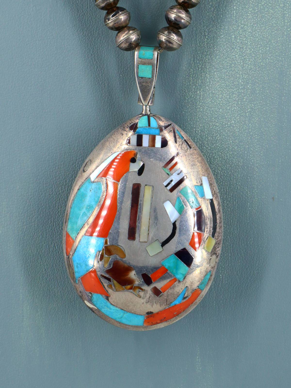 Estate Vintage Native Inlay Sterling Silver Spinner Pendant and Necklace - PuebloDirect.com
