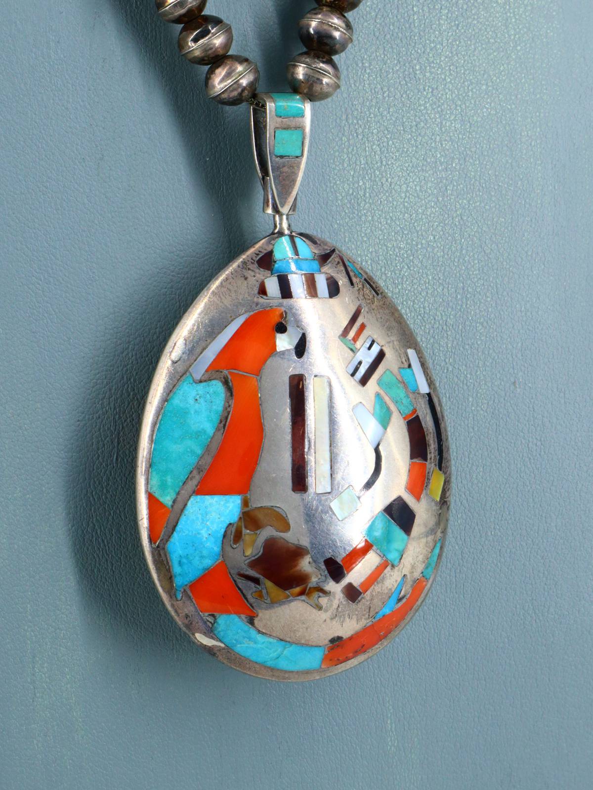 Estate Vintage Native Inlay Sterling Silver Spinner Pendant and Necklace - PuebloDirect.com