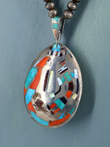 Estate Vintage Native Inlay Sterling Silver Spinner Pendant and Necklace - PuebloDirect.com