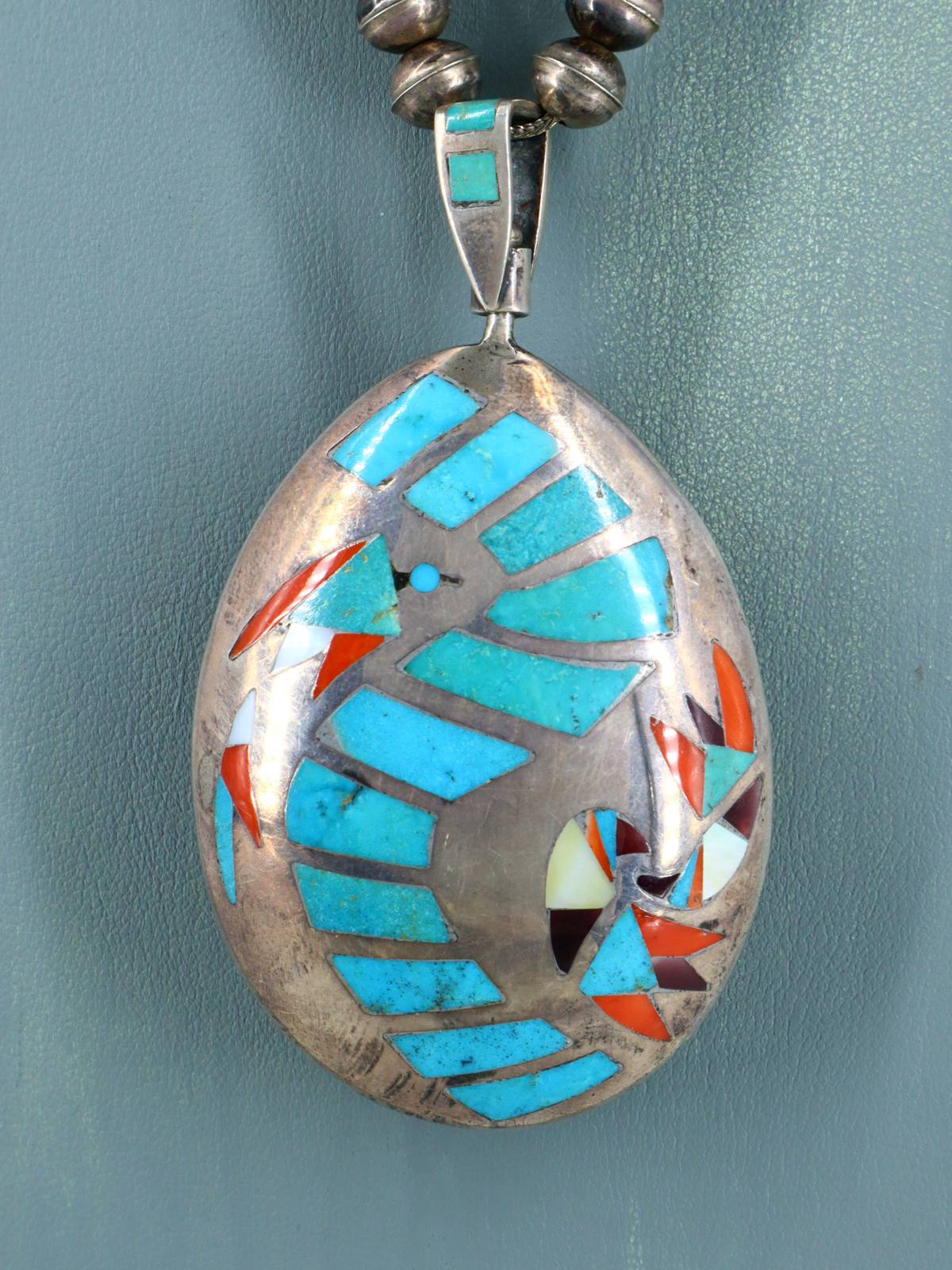 Estate Vintage Native Inlay Sterling Silver Spinner Pendant and Necklace - PuebloDirect.com