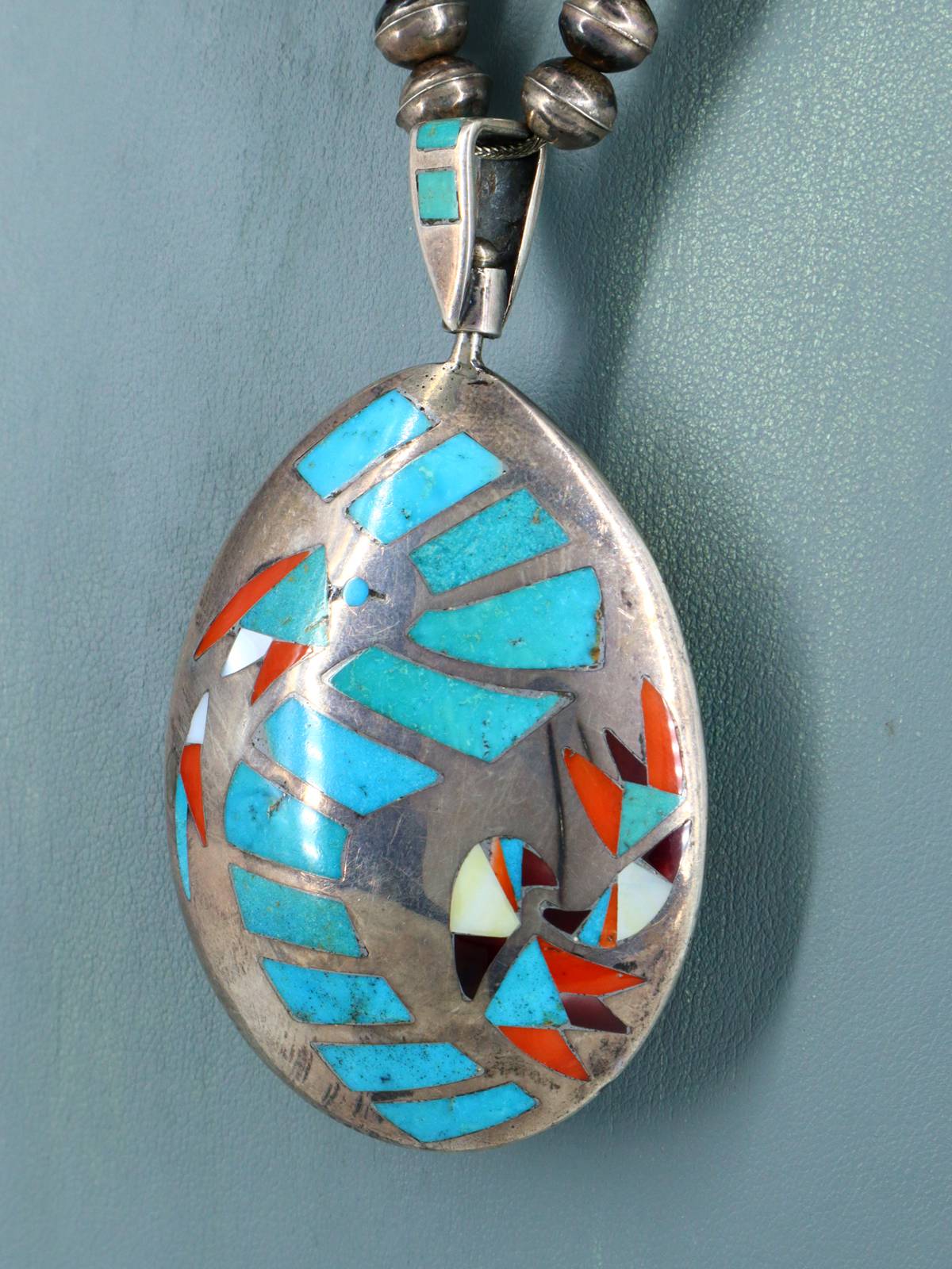 Estate Vintage Native Inlay Sterling Silver Spinner Pendant and Necklace - PuebloDirect.com