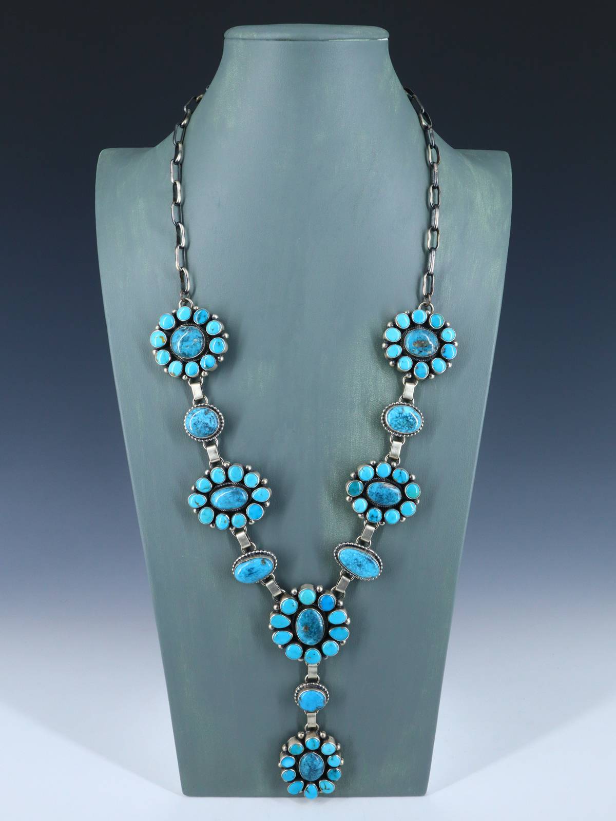 Native American Sterling Silver Kingman Turquoise Lariat Cluster Necklace - PuebloDirect.com