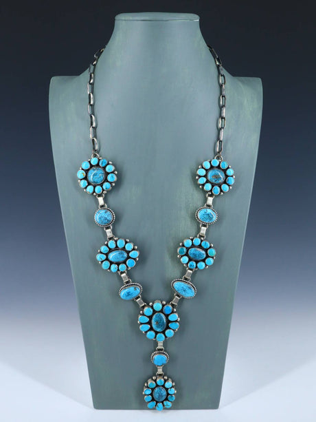 Native American Sterling Silver Kingman Turquoise Lariat Cluster Necklace - PuebloDirect.com
