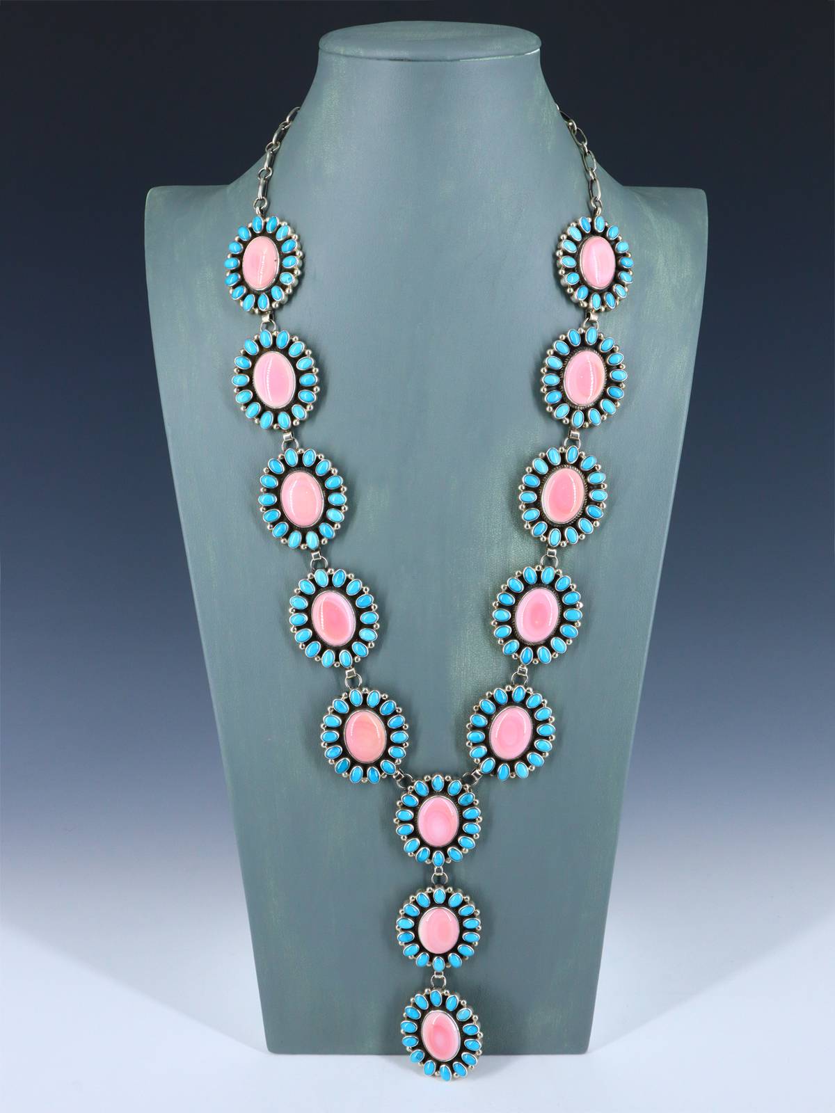 Navajo Jewelry Pink Conch and Turquoise Sterling Silver Lariat Necklace - PuebloDirect.com