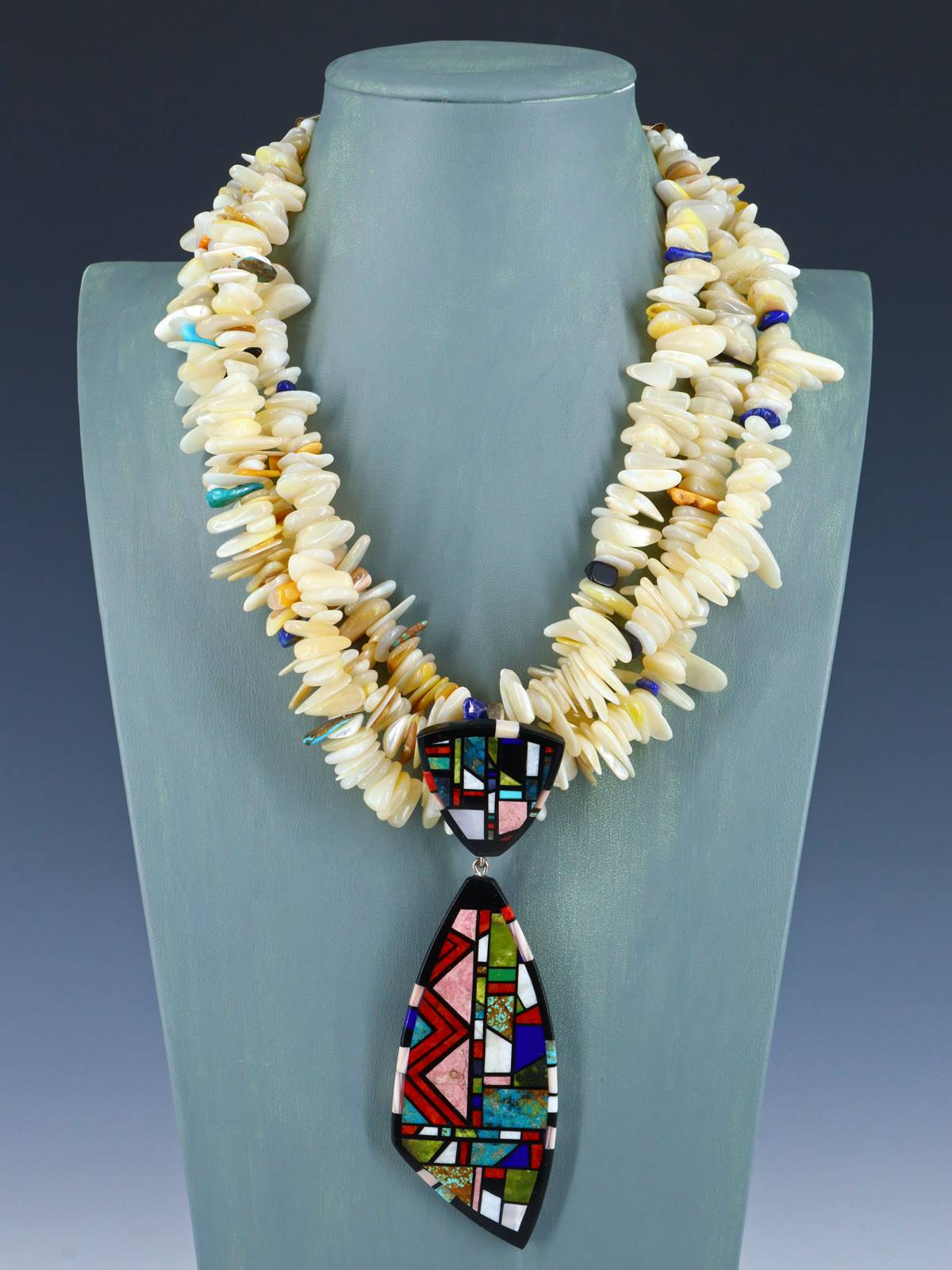 Native American Santo Domingo Mosaic Inlay Mother of Pearl Necklace - PuebloDirect.com