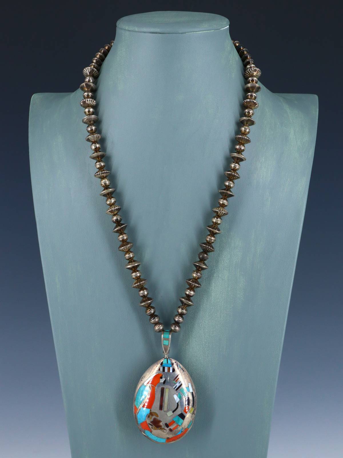 Estate Vintage Native Inlay Sterling Silver Spinner Pendant and Necklace - PuebloDirect.com