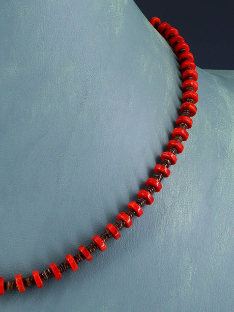 Navajo Apple Coral and Shell Heishi Single Strand Necklace - PuebloDirect.com