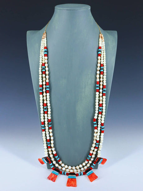 Three Strand Native American Santo Domingo Mosaic Shell Necklace - PuebloDirect.com