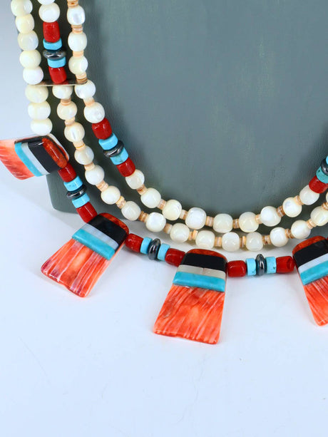 Three Strand Native American Santo Domingo Mosaic Shell Necklace - PuebloDirect.com