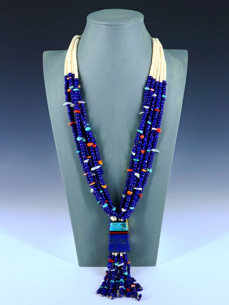 Santo Domingo Jewelry Five Strand Lapis Mosaic Jocla Necklace - PuebloDirect.com