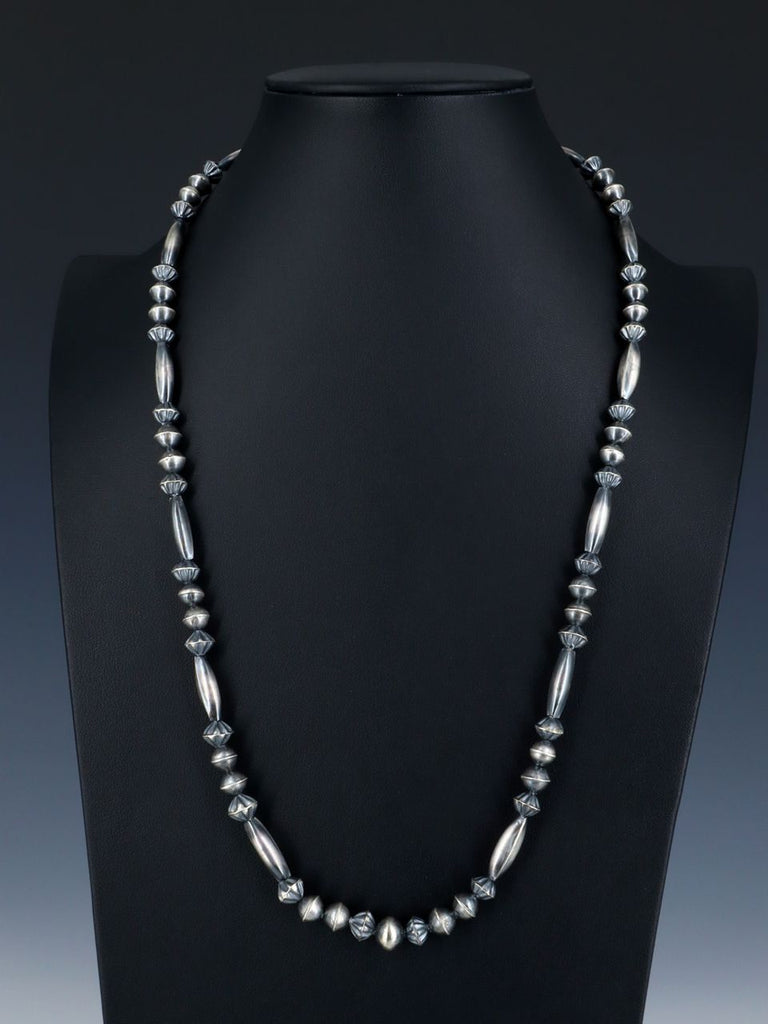 26" Native American Sterling Silver Navajo Handmade Bead Necklace - PuebloDirect.com