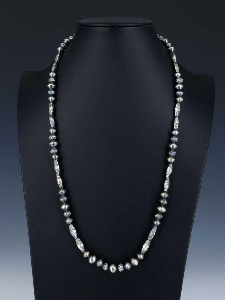 26" Native American Sterling Silver Navajo Handmade Bead Necklace - PuebloDirect.com