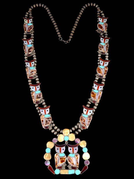 Vintage Zuni Inlay Sterling Silver Owl Squash Blossom Necklace - PuebloDirect.com