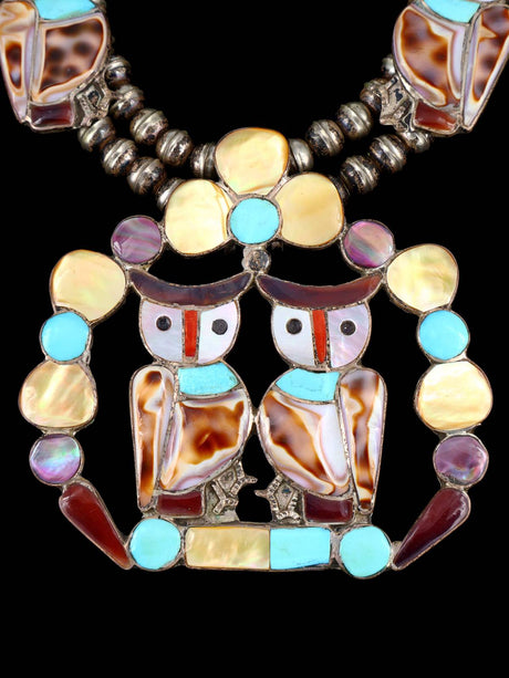 Vintage Zuni Inlay Sterling Silver Owl Squash Blossom Necklace - PuebloDirect.com
