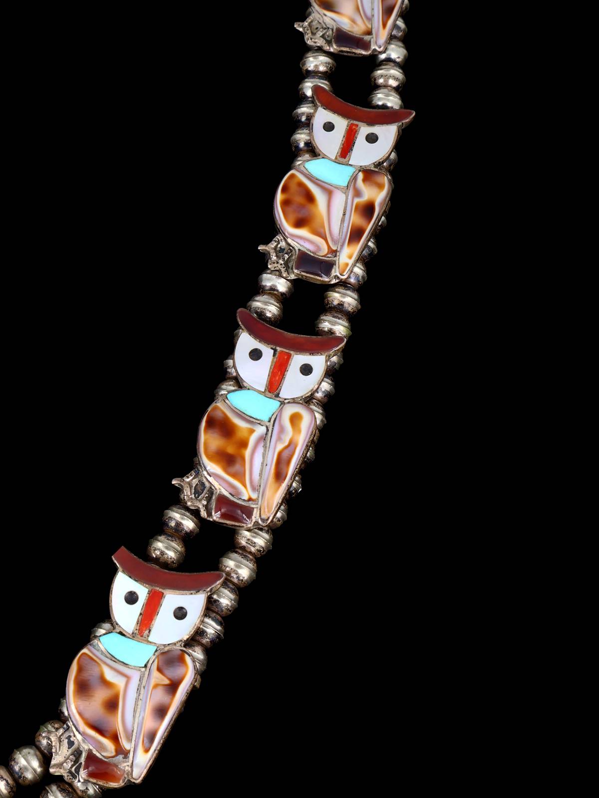 Vintage Zuni Inlay Sterling Silver Owl Squash Blossom Necklace - PuebloDirect.com