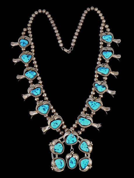 Vintage Native American Sleeping Beauty Turquoise Sterling Silver Squash Blossom Necklace - PuebloDirect.com