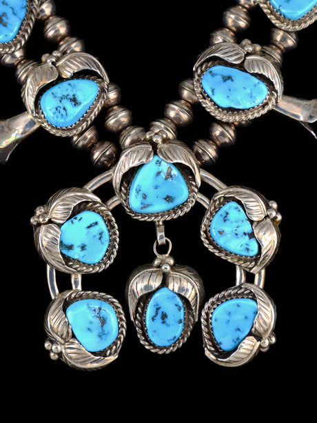 Vintage Native American Sleeping Beauty Turquoise Sterling Silver Squash Blossom Necklace - PuebloDirect.com