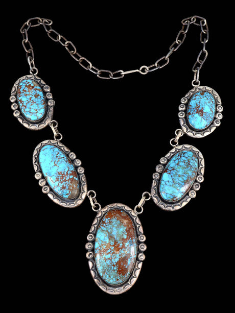 Vintage Native American Five Stone Turquise Sterling Silver Necklace - PuebloDirect.com