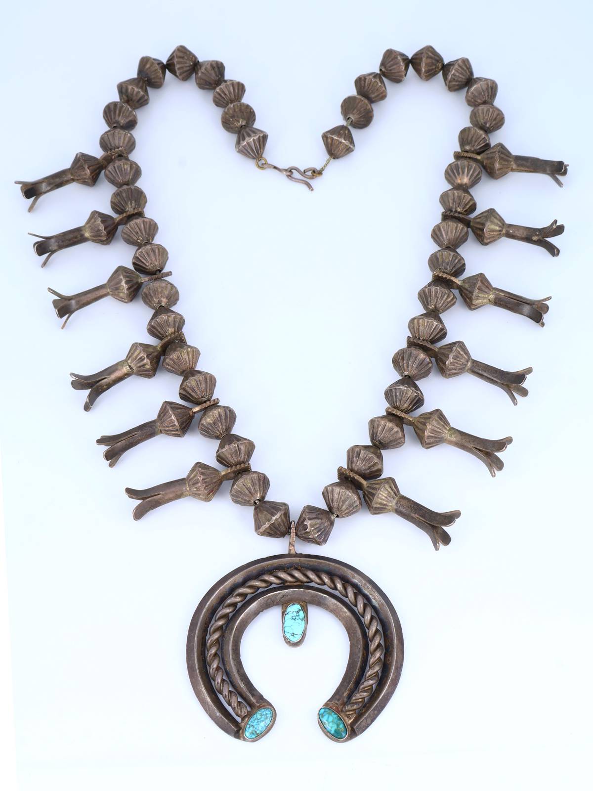 Old Native American Sterling Silver Turquoise Squash Blossom Necklace - PuebloDirect.com