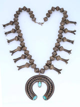 Old Native American Sterling Silver Turquoise Squash Blossom Necklace - PuebloDirect.com