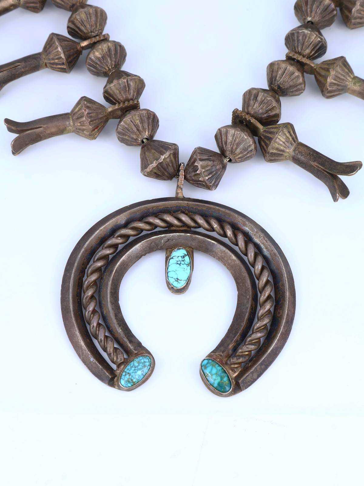 Old Native American Sterling Silver Turquoise Squash Blossom Necklace - PuebloDirect.com