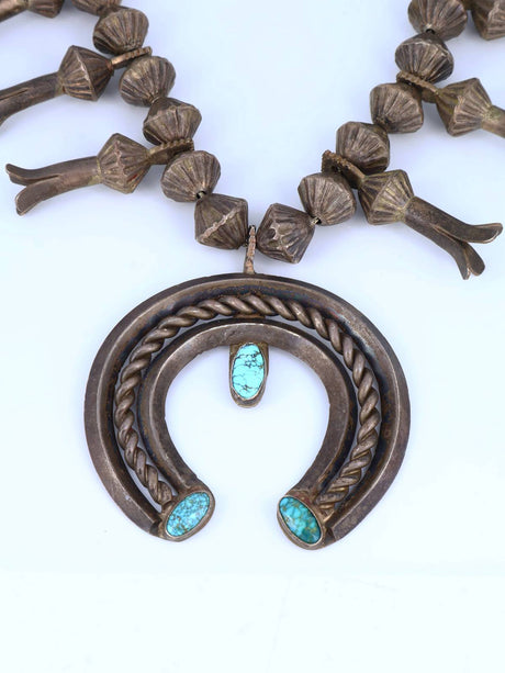 Old Native American Sterling Silver Turquoise Squash Blossom Necklace - PuebloDirect.com