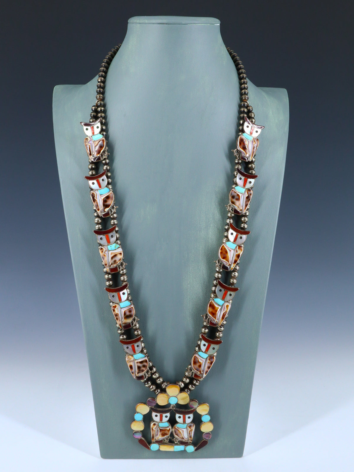 Vintage Zuni Inlay Sterling Silver Owl Squash Blossom Necklace - PuebloDirect.com