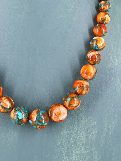 18" Single Strand Graduated Compressed Turquoise and Spiny Oyster Necklace - PuebloDirect.com