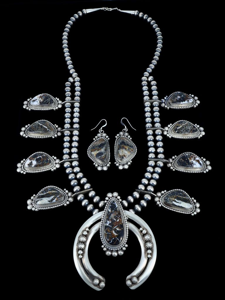Native American Jewelry White Buffalo Squash Blossom Necklace Set - PuebloDirect.com