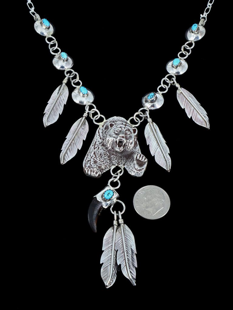 Navajo Sterling Silver Kingman Turquoise Bear Necklace - PuebloDirect.com
