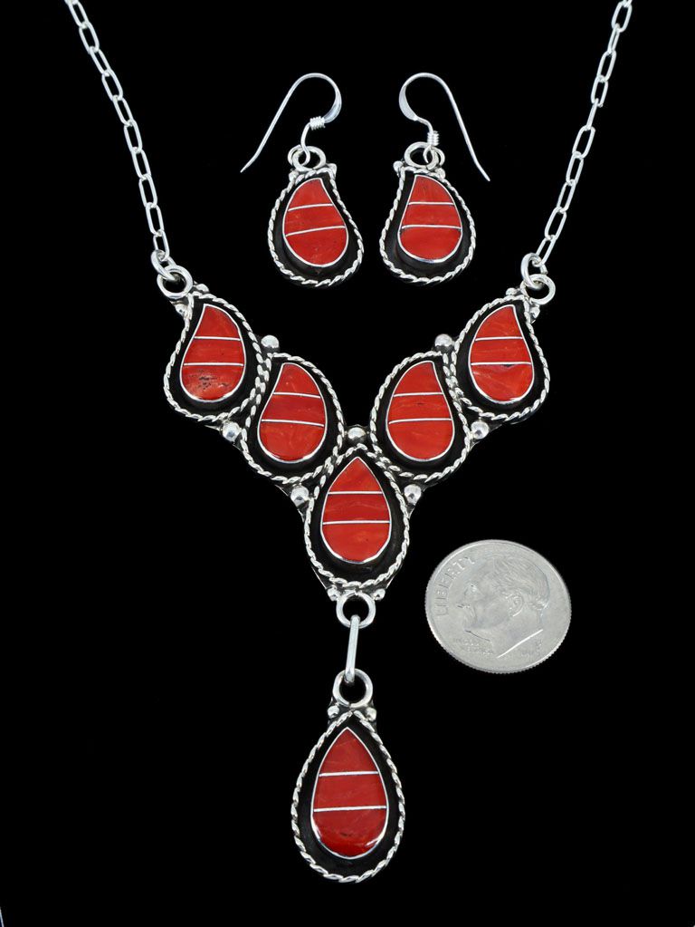 Sterling Silver Zuni Inlay Coral Necklace and Earrings Set - PuebloDirect.com