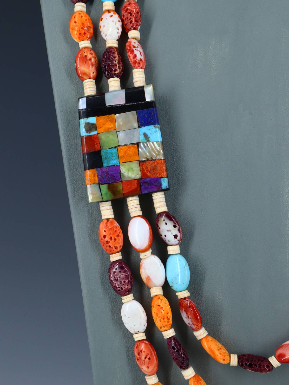 Native American Santo Domingo Spiny Oyster Mosaic Necklace - PuebloDirect.com