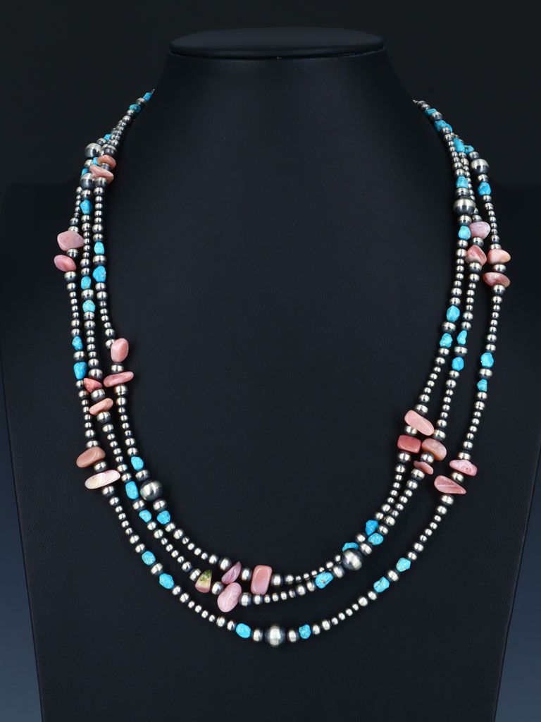72" Navajo Jewelry Single Strand Turquoise and Pink Conch Sterling Silver Beaded Wrap Necklace - PuebloDirect.com