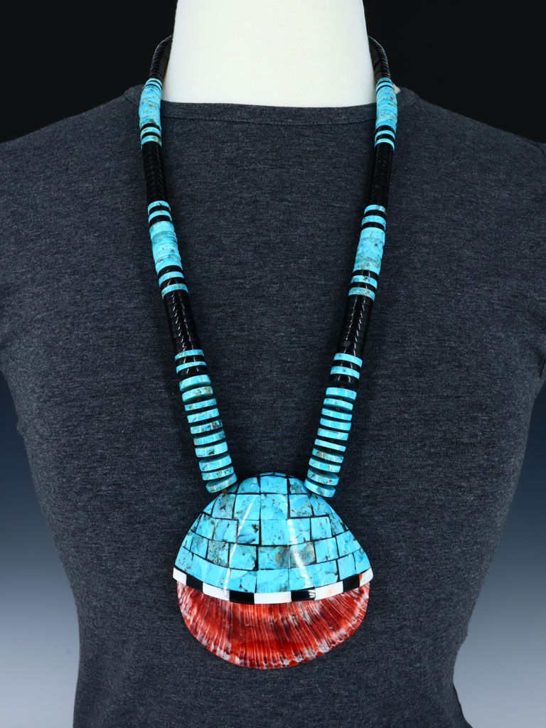 Native American Jewelry Santo Domingo Spiny Oyster Shell Mosaic Necklace - PuebloDirect.com