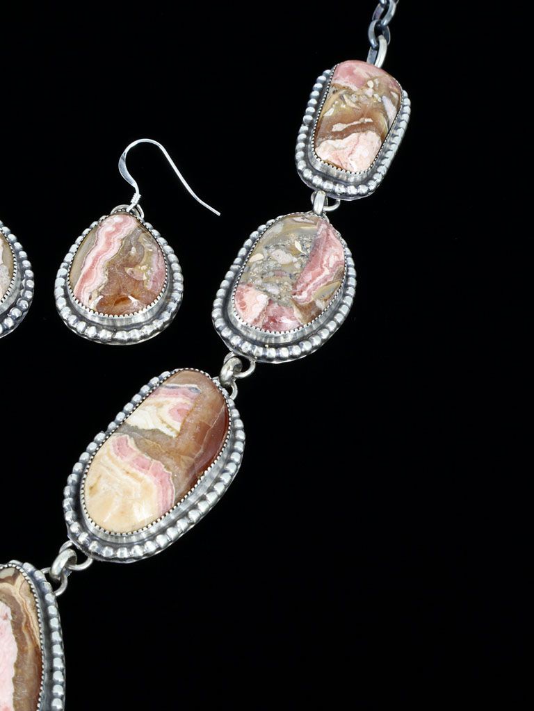 Native American Rhodochrosite Sterling Silver Lariat Necklace and Earring Set - PuebloDirect.com